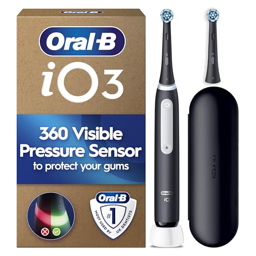 Oral-B iO3 Electric Toothbrush for Adults, Matt Black - Pressure Sensor, with 2 Toothbrush Heads, Long-Lasting Battery with Case for Home and Travel, UK Two Pin Plug