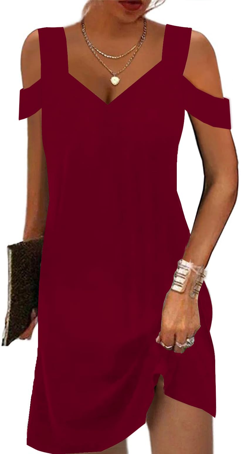 SAUKOLE Womens Sexy Cold Shoulder Dresses Summer Casual Dress Loose Fit Knee Length Dress
