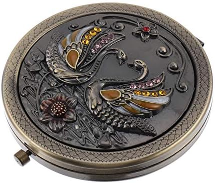 Lurrose Vintage Foldable Mini Makeup Mirror with Swan Flower Portable Metal Round Dual Sided Vanity Mirror Compact Travel Mirror Makeup Tool Accessory for Women Girls 7.5x7cm
