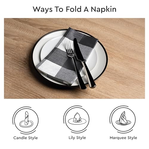 Image of Encasa XO Dining Table Napkins Set of 12, 43x43 cm | Machine Washable Reusable, Recycled Cotton Cloth Napkin, Soft & Absorbent, Table Decor for Hotels, Farmhouse - White & Buffalo Black Checks