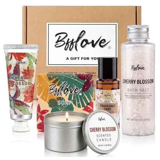 BFFLOVE Gift Set for Women - 5pcs Cherry Blossom Spa Gifts for Women, Birthday, Anniversary, Mother's Day Gifts for Her with Massage Oil, Scented Candle, Bath Salts, Hand Cream