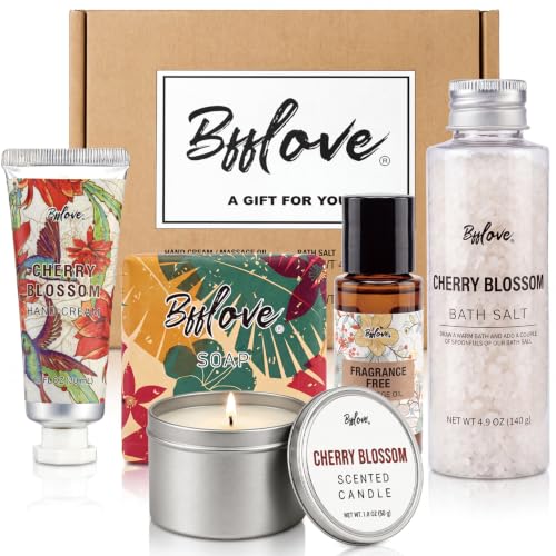 Image of BFFLOVE Gift Set for Women 5pcs Cherry Blossom Spa Set, Birthday Presents for Her with Massage Oil, Scented Candle, Bath Salts, Hand Cream, Mothers' Day Gifts for Her
