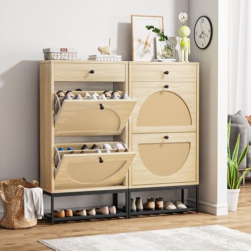 Lamerge Free Standing Shoe Racks Pack of 2, Entryway Organizer with 2 Natural Semi-Circular Rattan Flip Drawers, Hallway Faux Wooden Shoe Storage Cabinet with Bottom Rack for Living Room, Bedroom