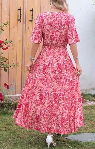 Image of Kormei Women Short Sleeve V Neck Floral High Low Flowy Summer Party Long Maxi Dress