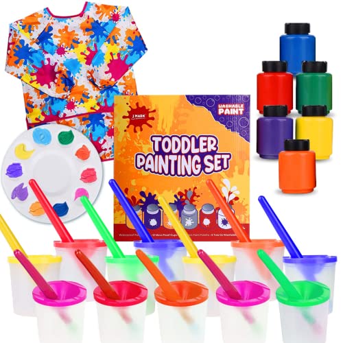 J Mark Toddler Painting Set - 32-Piece All Inclusive With Spill Proof Paint Cups, Smock, Washable Tempera Paint, Brushes And Mixing - Toddler Paint Set - Safe #TOP14