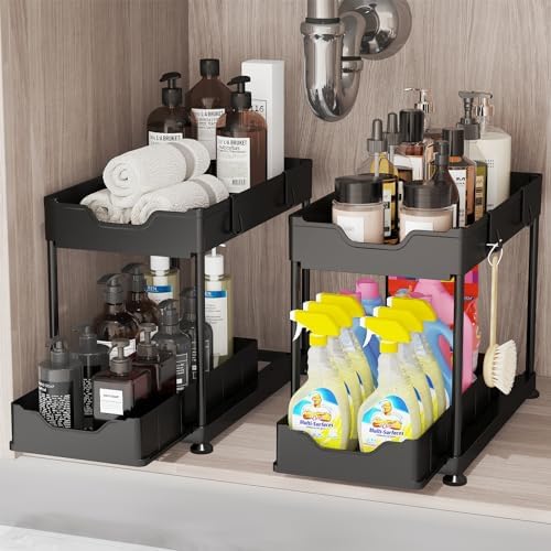 2 Pack Under Sink Organizers – 2 Tier Bathroom Organizers – Bathroom and Kitchen Under Sink Organizer with Hooks the Bottom Can Be Pulled Out – Black