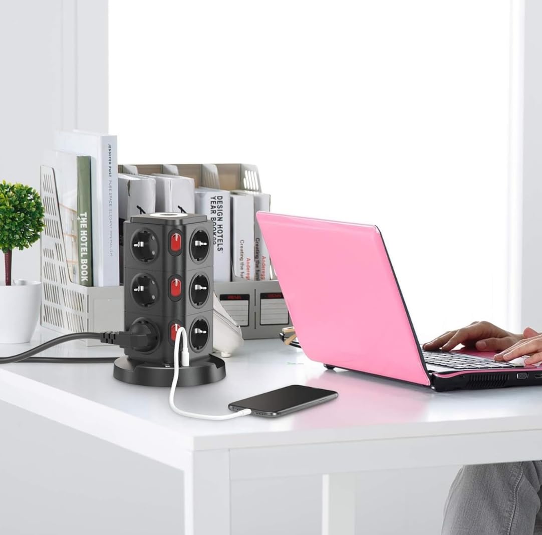 Vetech Akım Korumalı Priz Kule Tipi Kablosuz Şarj İstasyonu 12x Priz, 2x Type-C, 1x USB Girişli 2mt Kablo