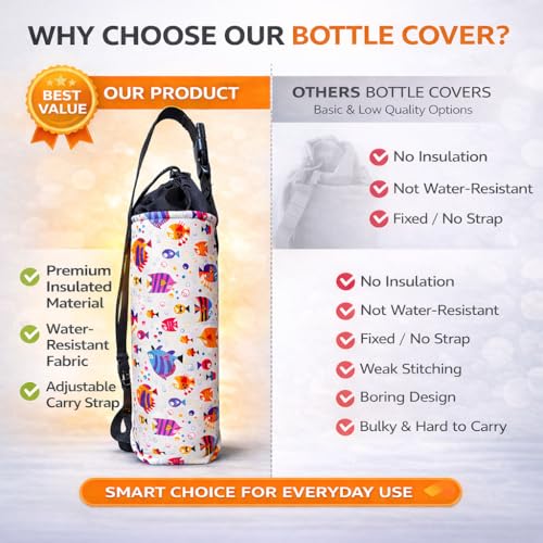 Image of 1 Litter Neoprene Water Bottle Carrier Bag with Adjustable Shoulder Strap,Insulated Water Bottle Cover for Stainless Steel /Glass /Plastic Bottles (Colorful Fish)