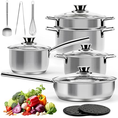 14 Teiliges Edelstahl Töpfe und Pfannen Set, Induktions Topfset, Kochtopf mit Dampfgarer & Glasdeckel & Utensilienset, Brotklammer, Schneebesen, Heizkissen, Spatel, geeignet für alle Herde