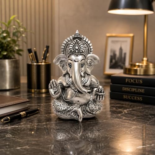 Image of Gold Art India Lord Ganesha 999 Silver Plated Idol | Antique Matte Finish | Premium Velvet Gift Box | Ganesh Murti for Car Dashboard, Home Temple, Office Desk | Luxury Spiritual Gift for Housewarming