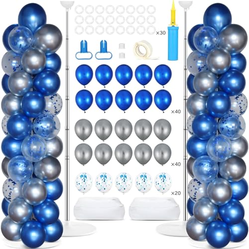 Image of 2 Sets Navy Blue and Silver Balloon Column Stand Kit with 100 Balloons Adjustable Balloon Tower Stand with Bases for Floor Confetti Balloon Column Kit for Graduation Birthday Appreciation Party Decor