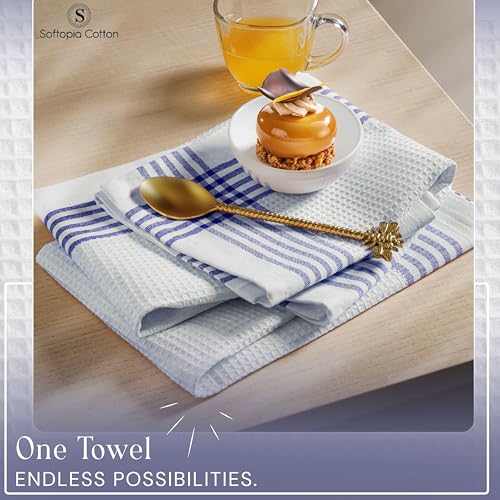 Image of Waffle White & Indigo Blue Kitchen Towels 12 Pack, 100% Cotton, 16x26 inches, Premium Dish Towel, Long Lasting Bar Mop Cloths, Perfect for Drying Dishes, Cooking and Cleanup