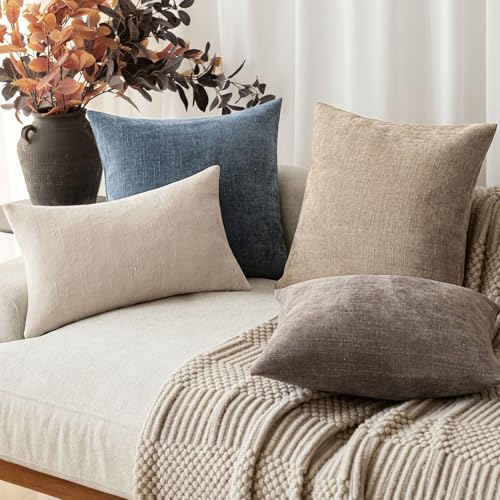 Image of Foindtower Pack of 2 Soft Textured Chenille Throw Decorative Pillow Covers Square Accent Solid Cushion Cover Cozy Neutral Farmhouse Pillow Case for Couch Sofa Bedroom Living Room 20x20 Inch,Blue