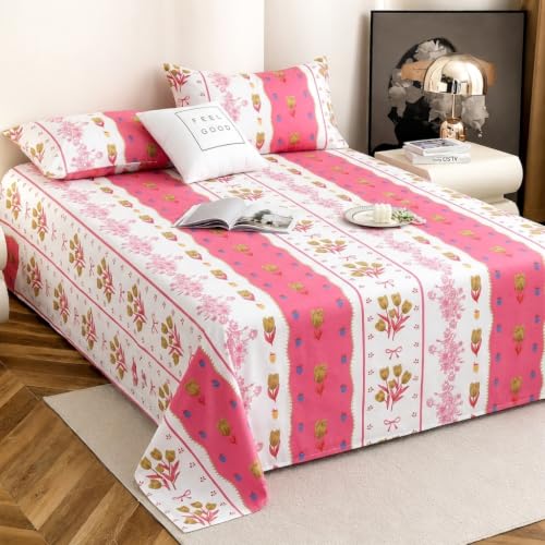 Image of IVAZA 240 TC Soft Ezyption Cotton Floral Print King Size Bedsheet - with 2 Pillow Covers, Hypoallergenic, Brethable, (Size- 90 x 90 Inch) Pink Flower