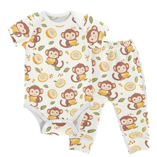 vvfelixl Cute Golden Monkey Eat Fruit Baby Bodysuits Set,Baby Layette Sets Unisex Short Sleeve Babys Pants Sets 6-9M
