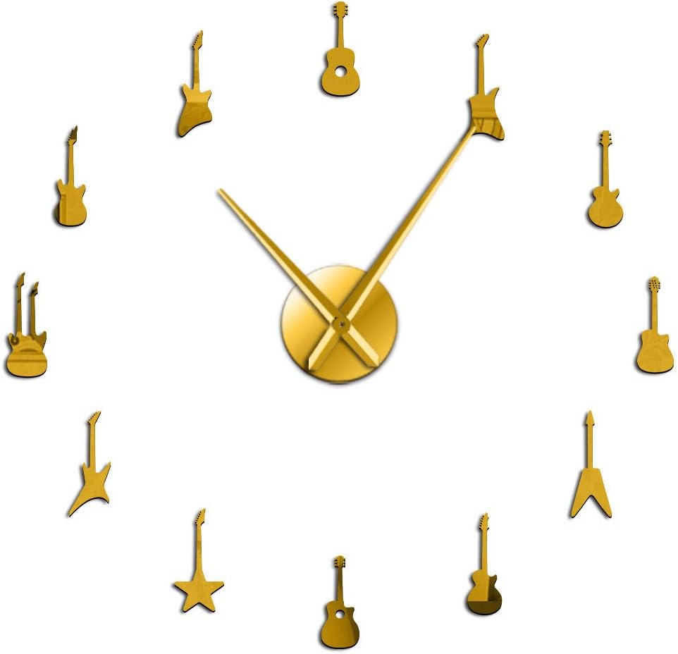 XIXIGZ Wall Clock,Modern Mute DIY Frameless Wall Clock Creative Guitar Variety Music Large 3D DIY Mirror Surface Big Watches for Home Office Decorations, Gold,47 Inch