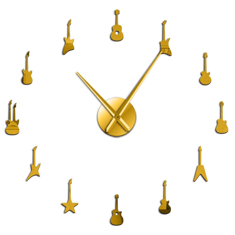 XIXIGZ Wall Clock,Modern Mute DIY Frameless Wall Clock Creative Guitar Variety Music Large 3D DIY Mirror Surface Big Watches for Home Office Decorations, Gold,47 Inch