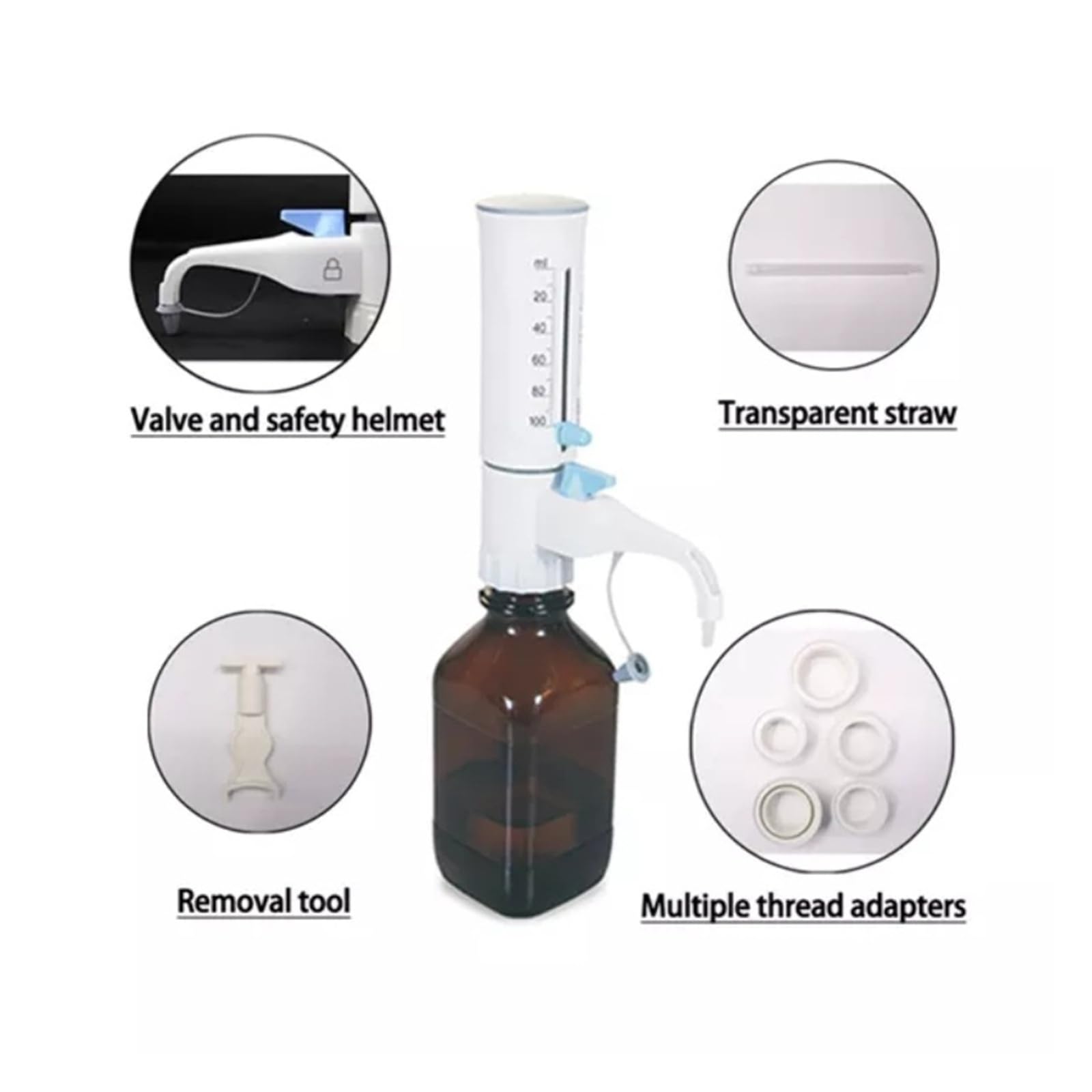 Pipeta, Dozownik laboratoryjny z górną częścią butelki Regulowana pipeta 0,5–100 ml Płyn w pełni nadający się do sterylizacji w autoklawie, temperatura 121°C(Dispenser 10-100 ml)
