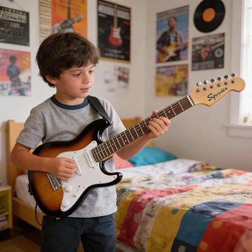 Image of Fender Squier 3 /4 Size Kids Mini Strat Electric Guitar Learn-to-Play Bundle with Tuner, Strap, Picks, Fender Play Online Lessons, and Austin Bazaar Instructional DVD - Brown Sunburst