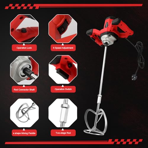 WingFly Concrete Cement Mixer, 3100W Handheld Paint Mixer, Electric Paddle Mixer with 6 Speed, M14 Mixing Rod, Portable Cement Mixer for Mixing Mortar, Cement, Concrete, Paint, Plaster 5 WingFly Concrete Cement Mixer, 3100W Handheld Paint Mixer, Electric Paddle Mixer with 6 Speed, M14 Mixing Rod, Portable Cement Mixer for Mixing Mortar, Cement, Concrete, Paint, Plaster - Image 5
