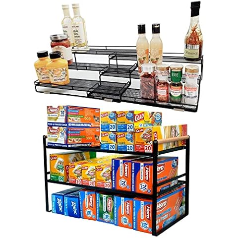 DOTORYDESIGN Bundle 3 Tier Wide Expandable Cabinet Spice Rack Organizer (14.5" to 29.1") + 2Tier Space Organizer (17.8 inches) Cover