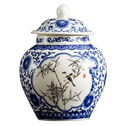 fanquare Jarrón Jingdezhen de Porcelana Azul y Blanca, Florero de bambú Verde Hecho a Mano,Altura 23cm