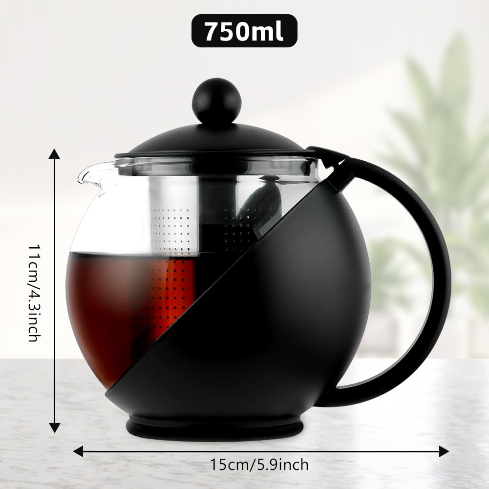 HOTUT Round Tea Pot,750ml Teekanne aus Glas,Borosilikat Glas Teebereiter mit Abnehmbare Edelstahl Sieb und Glas-Deckel,Hitzebeständig Glaskanne,zur Zubereitung von Losen Tees, Blumentee, Tropffrei
