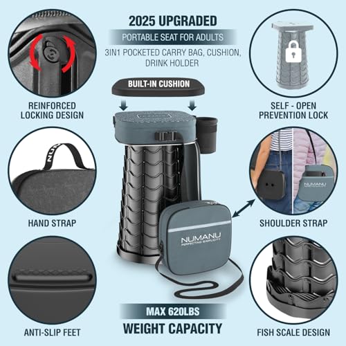 Image of NUMANU 2026 Upgraded Collapsible Stool & 3IN1 Cushioned Carry Bag, Max 620lbs, 18 inch Height Adjustable Portable Stool Retractable Telescoping Seat, Foldable Camping Stool for Adults or Footrest (Square)