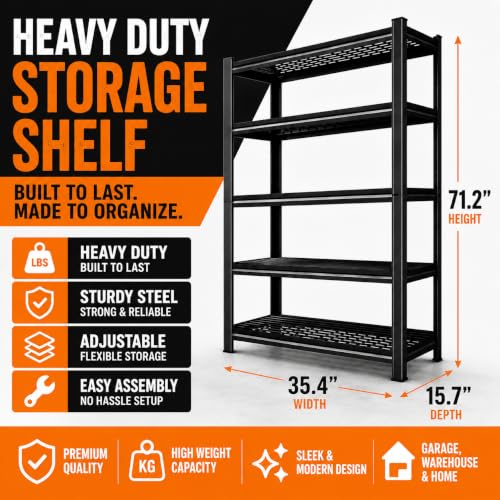 Image of Garage Shelving, 5-Tier Heavy Duty Metal Storage Shelves, 3000 LBSAdjustable Storage Rack for Garage, Warehouse, Basement, 35.4 inch W x 17.7 inch D x 72 inch H