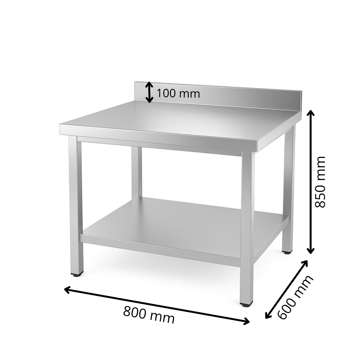 Genérico Mesa Inox Profesional Adosada - 800 x 600 mm - Estante inferior - Respaldo 100 mm - Capacidad 150 kg - Montaje Fácil
