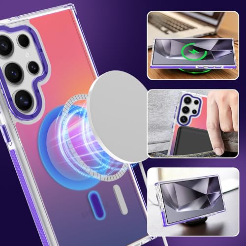 Image of Magnetic Case for Samsung Galaxy S24 Ultra [Compatible with Magsafe] [Cute Fashion Fluorescent Design] [1 Screen Protector] Slim Translucent Matte Case for Galaxy S24 Ultra 6.8 inch, Purple