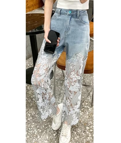 xxxiticat Women's Lace Denim Pants High Waisted Hollow Out Asymmetric Floral Patchwork Ripped Straight Leg Jeans Trouser2