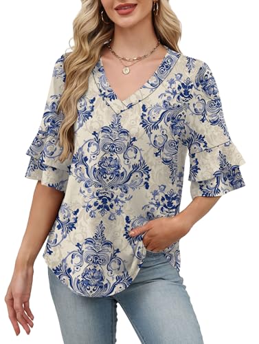 Image of OFEEFAN Spring Tops for Women Boho Shirts Fashion Clothing Cute 3 /4 Length Sleeve Blouses Dressy Casual Summer Outfits