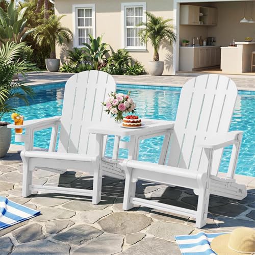 JY QAQA Outdoor Adirondack Chair Set of 2 All-Weather HDPE Patio Furniture with Detachable Table Wood Texture & Cup Holder for Patio Poolside Garden White