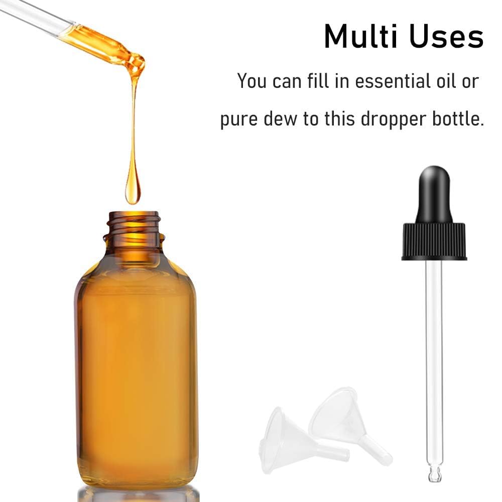 Bumobum Botellas cuentagotas de 4 onzas para aceites esenciales, paquete de 24 botellas de vidrio ámbar de 120 ml con cuentagotas para ojos, 2 embudos y 2 cuentagotas largos, botellas vacías de