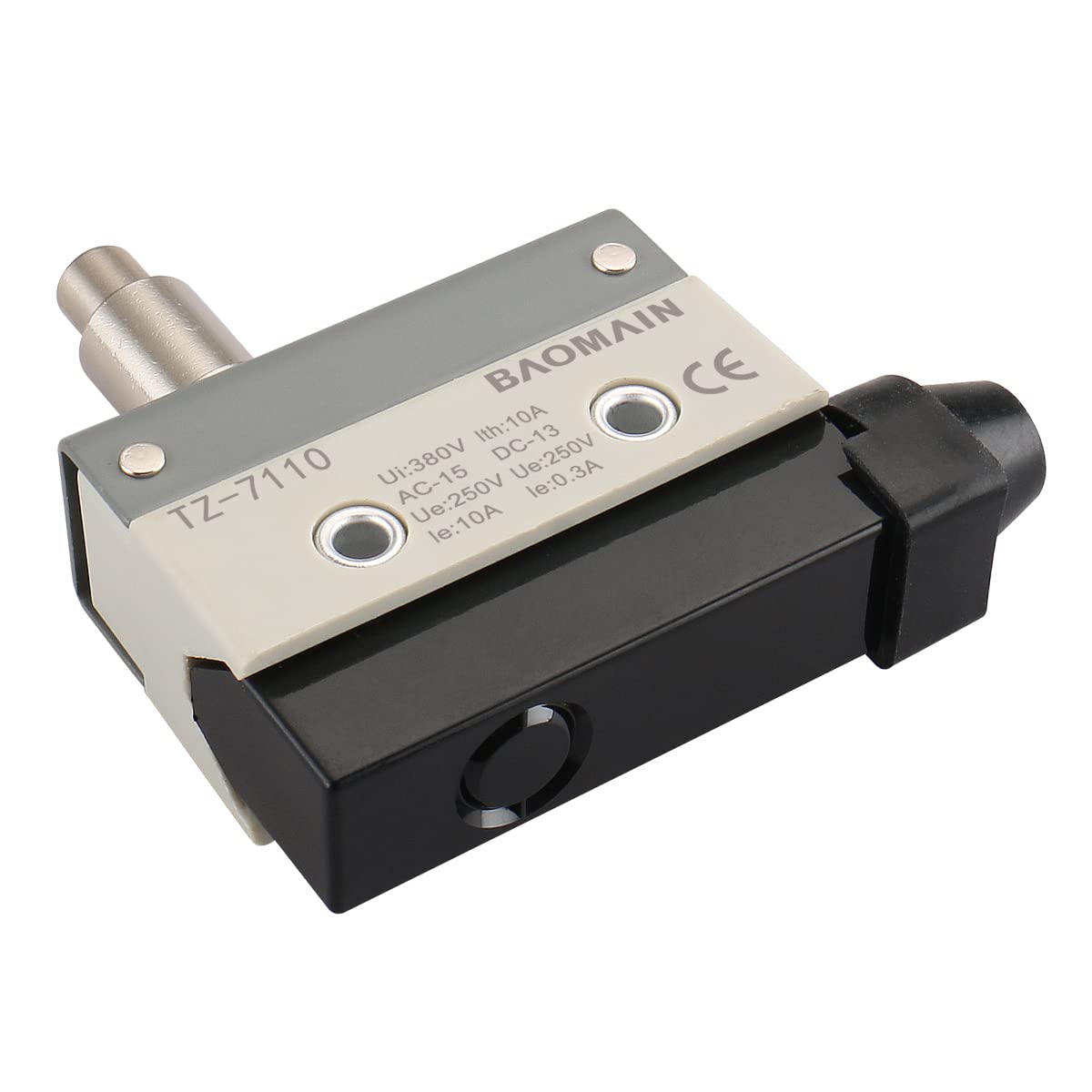 BAOMAIN 10A 380V Horizontal Limit Switch, Push Plunger SPDT 1NC+1NO Momentary TZ-7110 for Machinery Position Monitoring, CNC & Industrial Automation 1-Pack