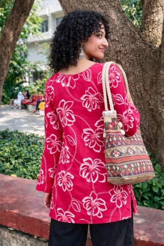 Image of Women Pure Cotton Floral Printed Short Kurti | Square Neck | Full Sleeves | Stylish Ethnic Kurta | Back Tie-Up | Casual Wear Kurta