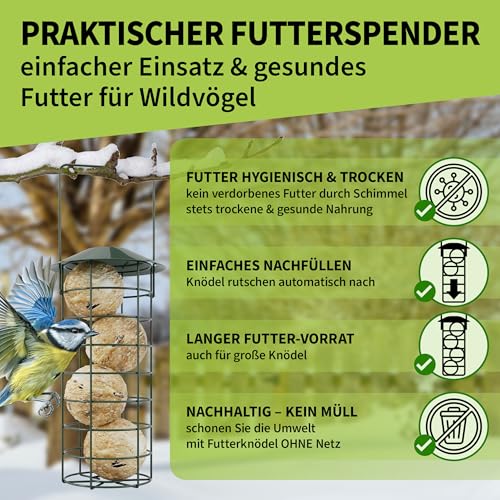 TTL Garden 2er Set 31cm Meisenknödelhalter mit Dach - Meisenknödel Halter für Wildvögel rund Ø 8 cm Stahl rostfrei grün pulverbeschichtet Futterstelle Vogelfutterspender für Garten Balkon Terrasse