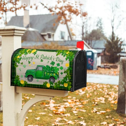 Image of St Patrick's Day Mailbox Cover Green Truck Mailbox Covers Magnetic Standard Size 18 X 21 Inch Green Shamrocks Mailbox Wraps Holiday Post Letter Box Cover for Garden Yard Outside Decor