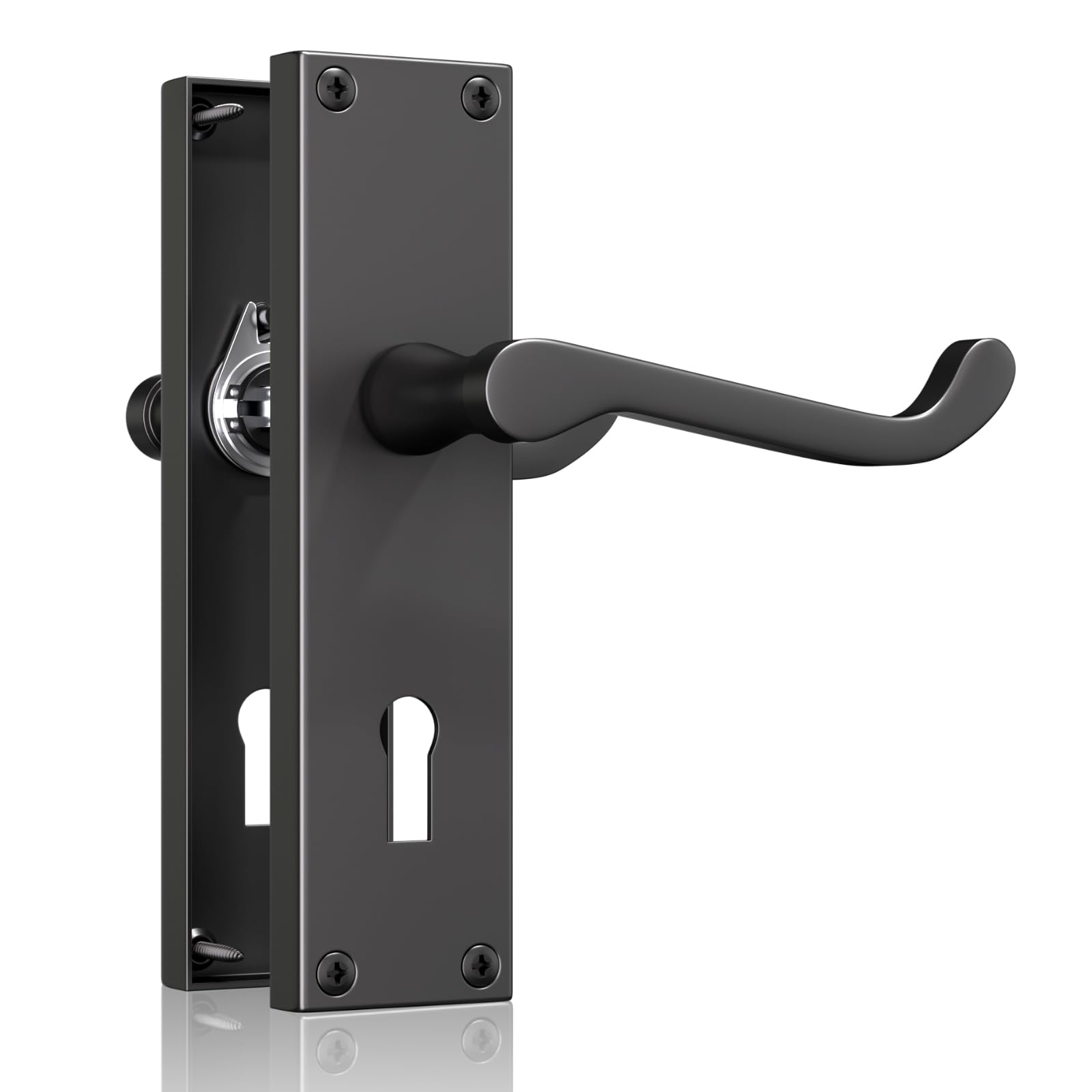 Bwintech 1 Sets Matt Black Victorian Lever on Plate, Latch Furniture, Backplate Door Handles, with Keyhole, Suitable for Wooden Doors