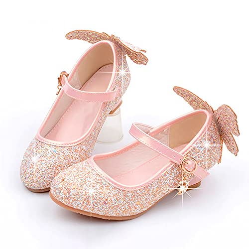Rose Shoes for Girls Girls Wedding Dress Shoes Performance Shoes Sequins Butterfly Rhinestone Girls Princess Shoes Little/Big Child (Pink, 1 Big Kids)4