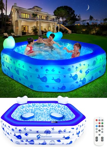 Image of StarOcean Inflatable Pool with Lights, Solar Inflatable Swimming Pool for Kids,Adults,Blow up Pool with Remote Control,Large Kiddie Pool with Seat&Backrest,Kids Pool for Backyard-90"x90"x25"Dark Blue