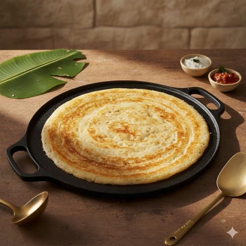 Image of Cast Iron Dosa Tawa 12 Inch with Wooden Ladle, Pre-Seasoned, Naturally Non-Stick, 100% Pure & Toxin-Free, No Chemical Coating, Ideal for Cooking Dosa, Uttapam, Roti, Paratha, Pancakes