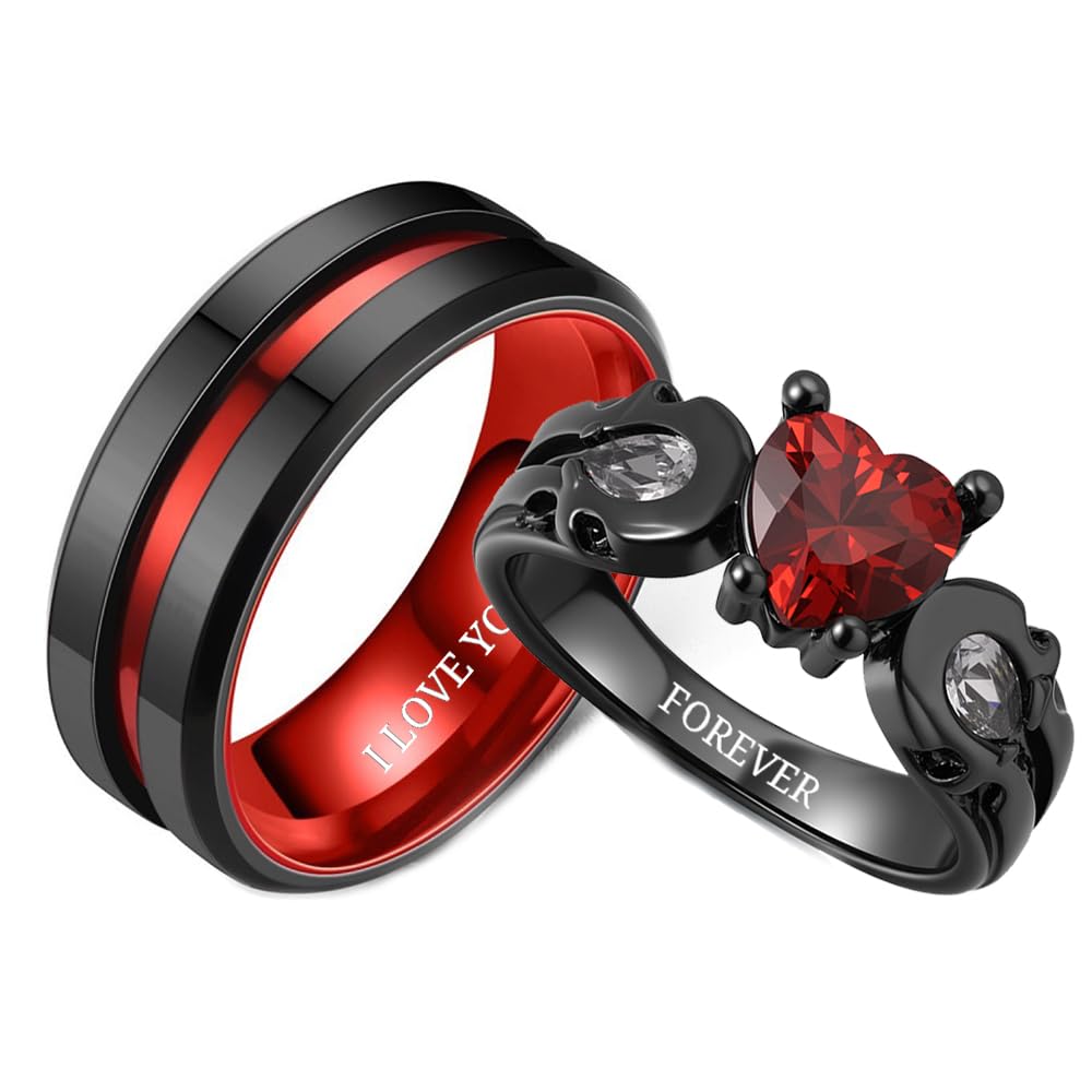 Paar Ringe Personalisiert Pärchen Ringe für 2 mit Gravur Edelstahl Herren Ring Wolfram Schwarz Rot Valentinstag Schmuck für Sie und Ihn Hochzeitstag Geschenke für Paare,Größe 49-69