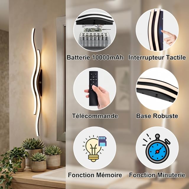 Applique Murale Sans Fil Rechargeable LED, 10000mAh Lampe Murale Intérieur Design Ondulé Moderne avec Télécommande et Tactile, Batterie, 140cm Intensité Variable, 3 Couleurs pour Salon, Chambre, Noir