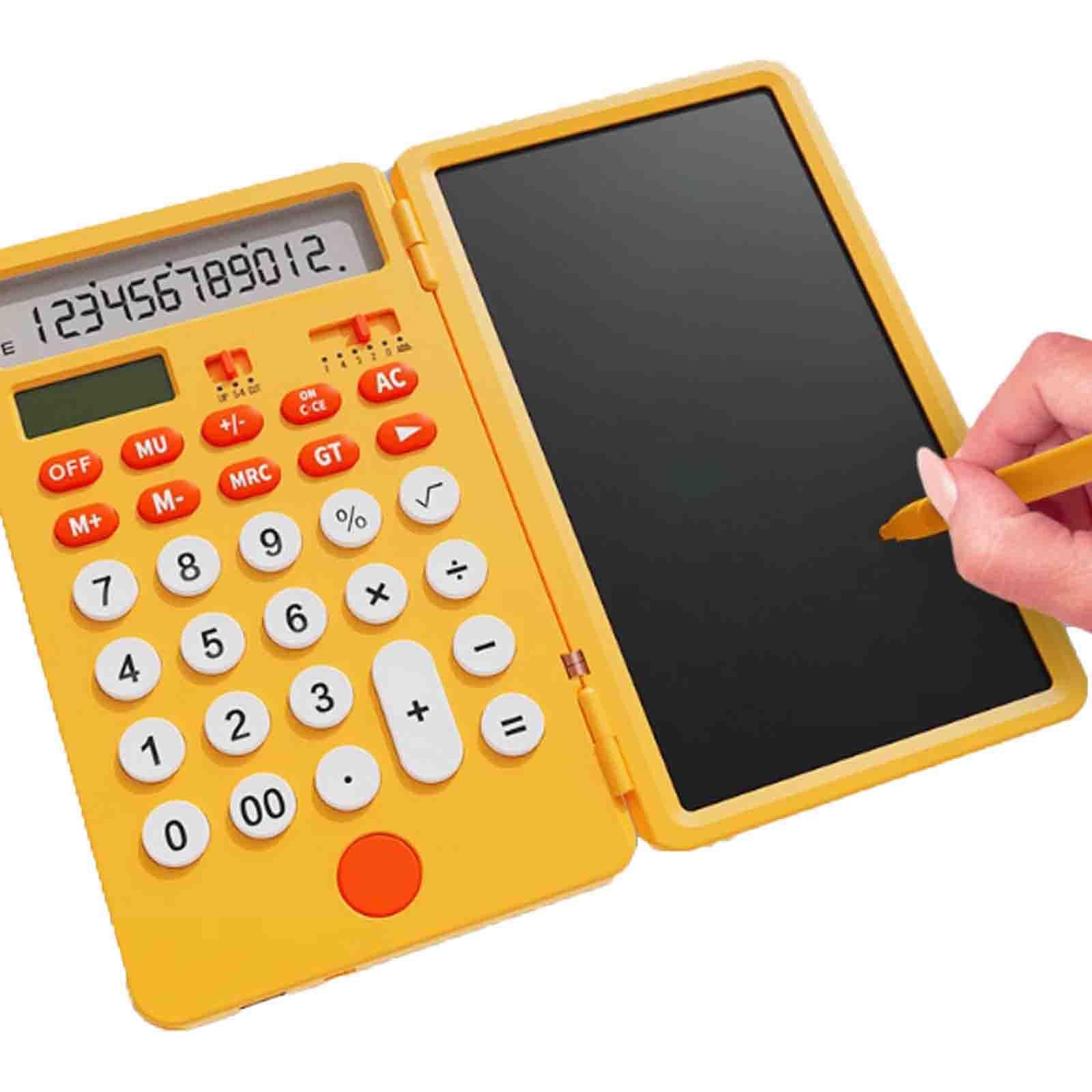 Calculatrice Scientifique Écran LCD à 12 Chiffres Rechargeable avec Tablette Écritoire Calculette Simple 15.2×18cm，Approprié L'école la Maison Le Bureau(Yellow)