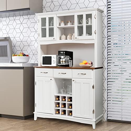 TANGZON Kitchen Storage Sideboard, Cupboard Storage Cabinet with Countertop, 9 Wine Compartments, Drawers, Adjustable Shelves and Glass Doors, Living Room Freestanding Buffet Storage Units