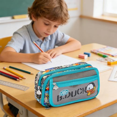 Image of Comix Large Capacity Pencil Case Pouch, 5 Compartments Pencil Pouch, Green | Canvas Pencil Box, B Duck Design, Large Pencil Bag for Boy Home Travel Use