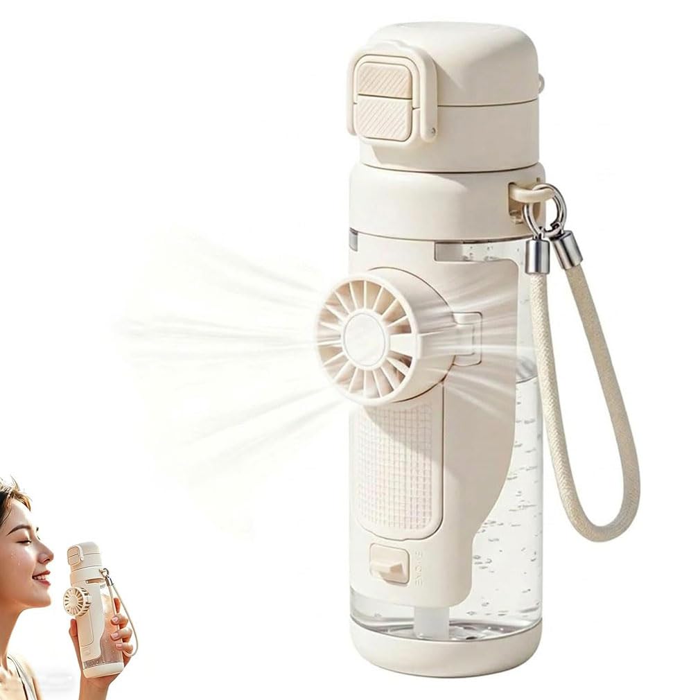 2-in-1 Water Bottle with Built-in Foldable Fan,Tragbare Doppel-Trinkflasche Kühlfunktion Wasserflasche mit Ventilator 3 Geschwindigkeitsstufen,Tragbarer Ventilator Trinkflasche für Reisen (Weiß)