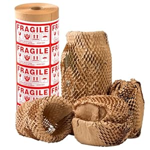 Honeycomb Packing Paper 12″ Width X 200 FT for Moving Glass Dishes Recyclable Wrapping Paper Bubble Wrap Packing Material for Shipping Fragile Items Shipping Filler with 20 Fragile Stickers